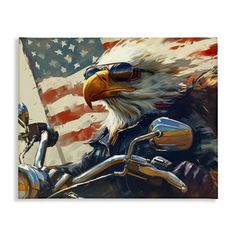 an eagle wearing sunglasses and riding a motorcycle with the american flag in the back ground