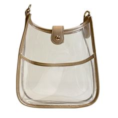 The newest addition to our Game Day Collection, Bailey Mini Messenger. Made of Clear plastic with Vegan Leather Trim, this stadium approved bag will carry all your Game Day essentials.The only thing you will have to worry about is your team taking home the WIN! This Mini Messenger is sold without a strap, which allows you to pick a strap (or 2!) to make it unique to you. Make sure to check out our Game Day straps to find your team’s colors. -Measures 9.5" x 8.5" x 2". With Gold Hardware-Front Ta Bag Silhouette, Neoprene Bag, Stadium Bag, Mini Messenger Bag, Chic Boutique, Clear Plastic, Side Pocket, Leather Material, Gold Trim