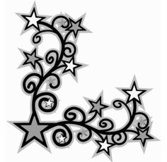 the letter c is decorated with stars and swirls in black on a white background