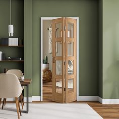 a room with green walls and white carpeting has an open door leading to the dining area