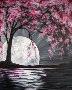 a painting of a tree with pink flowers in front of a full moon