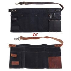 two different types of black canvas bags with brown leather straps and one has an adjustable belt