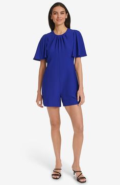 Get to the fun faster in a one-and-done romper that feels both fun and a little bit fancy. 32" length (size 2) Hidden back-zip closure Jewel neck Short sleeves 99% polyester, 1% spandex Dry clean Imported Jewel Neck, Sleeved Romper, Nordstrom Store, Flutter Sleeve, Nordstrom Rack, Size 16, Calvin Klein, Size 2, Dry Clean