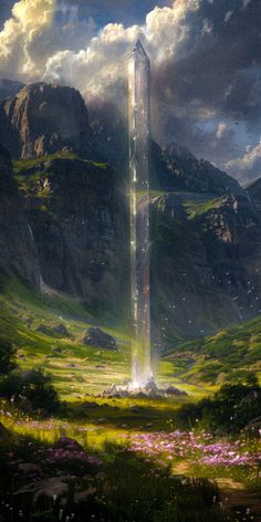 a painting of a tall tower in the middle of a mountain