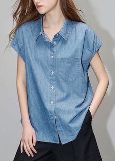 Loose Blue Peter Pan Collar Button Denim Shirt Short SleeveFabric: Cotton BlendedSize & Fit: Fit: This garment fits true to size.Length: Size L measures 24.18"from shoulder to hemBust: Great for any cup size. Waist: Loose Fit. Comfortable room throughout midsection.Hip: Loose Fit - room for hips. Hand Wash Cold. Light Blue Denim Short Sleeve Shirt, Light Blue Denim Shirt With Short Sleeves, Collared Denim Blue Blouse With Button Closure, Denim Blue Collared Blouse With Button Closure, Blue Short Sleeve Denim Top With Button Closure, Light Wash Short Sleeve Denim Top With Buttons, Spring Denim Blue Blouse With Pockets, Light Wash Denim Top With Short Sleeves And Buttons, Light Wash Denim Top With Short Sleeves