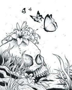 a drawing of a skull with flowers and butterflies