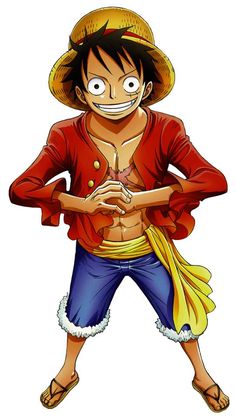 one piece is wearing a red shirt and blue shorts with his hands on his hips