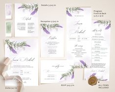 the wedding stationery is laid out on top of each other, with purple flowers and greenery