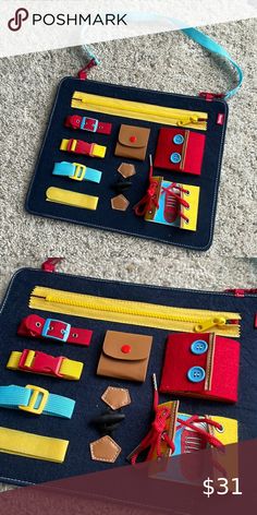 MONTESSORI Busy Board with Clips, Snaps, Zippers, Buttons Zipper Button Snap Board Diy, Zipper Board, Community Programs, Baby Activity Board, Diy Busy Board, Montessori Busy Board, Toddler Board, Busy Board Baby, Learning Development