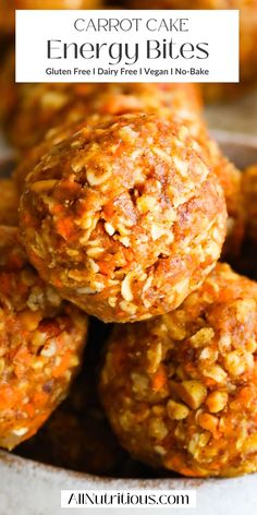 carrot cake energy bites stacked on top of each other in a bowl with text overlay