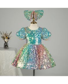 Get 10% off now! Buy colorful sparkly sequins girls party dress with bubble sleeves at cheap price online. Free stable shipping and pro custom service since 2009. Spring Sequin Dress For Pageant, Princess Style Puff Sleeve Dress For Party, Sequin Princess Dress For Party Season, Fitted Sequin Princess Dress For Christmas, Fitted Short Sleeve Princess Dress For Party, Fitted Princess Dress With Short Sleeves For Party, Summer Party Princess Dress With Sequins, Festive Sequined Princess Dress, Princess Style Sequin Dress For Dress-up Occasions