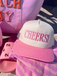 Cheers to our new favorite pink vintage trucker hat! Ships immediately :) Preorders will ship in two weeks Happy Pics, Pink Trucker Hat, Vintage Trucker Hat, Neoprene Bag, Summer Picture Poses, Vintage Trucker Hats, Apple Coloring, Embroidered Hats, Embroidered Sweatshirts