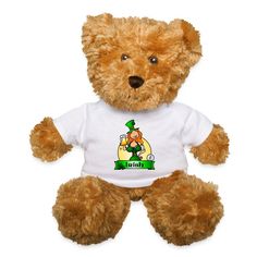 a brown teddy bear wearing a t - shirt with two children on it's back