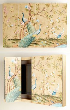 two panels with peacocks and flowers painted on them