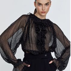 New With Tags Women Size Small Black Ruffle Blouse Sheer A1 Glamorous Long Sleeve Tops For Office, Glamorous Long Sleeve Office Top, Glamorous Black Long Sleeve Blouse, Glamorous Long Sleeve Black Blouse, Glamorous Black Blouse For Formal Occasions, Black Ruffle Blouse, Blue Floral Top, Wrap Blouse, Floral Chiffon