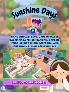 an advertisement for the game sunshine days, which features a woman in front of a house