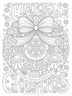 merry christmas coloring page with ornaments and bows on the front, in black and white