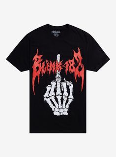 Turn up that crappy punk rock! This Blink-182 tee shows the band's logo in a red heavy metal font  with a skeleton hand giving the middle finger.100% cottonWash cold; dry lowImportedListed in men'sunisex sizes Heavy Metal Font, Blink 182 Shirt, Pop Punk Music, Skeleton Finger, Punk Tee, Metal Font, Punk T Shirt, Music Tees, Punk Music