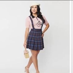 Pink And Navy Plaid Mini Skirt With Suspenders Attached New With Tags Preppy Pink Bottoms For School, Preppy Pink Mini Skirt, Skirt With Suspenders, Skirts Plaid, Frilly Skirt, Wrap Skort, Green Mini Skirt, White Mini Skirt, Micro Mini Skirt