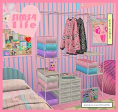 a pink room with clothes and other items on the shelves in front of a bed