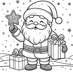 santa claus holding a star and presents in his hand