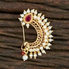 Gold Rodium Polish Red and Maroon color Nose Ring in Brass studded with Austrian diamond, Pearl Red Round Brooch Jewelry, Red Metal Rings For Wedding, Maroon Color, Pearl Color, Brass Metal, Nose Ring, Brass, Red, Gold