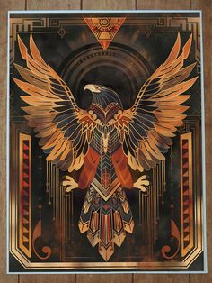 a painting of an eagle with art deco elements on it's body and wings