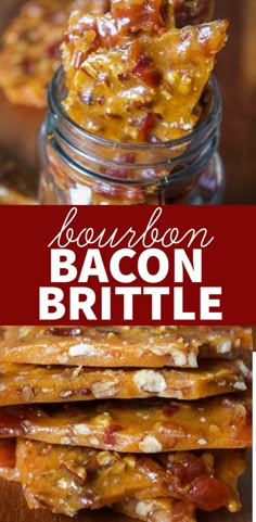 bacon brittle recipe in a jar with text overlay