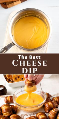 the best cheese dip is in a glass bowl and being drizzled with sauce