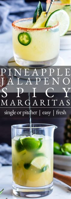 the pineapple jalapeno spicy margarita is garnished with lime