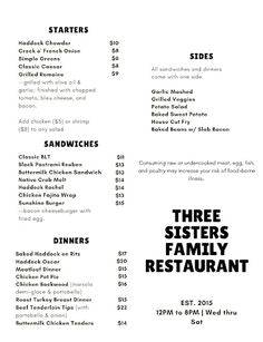 the menu for three sisters family restaurant