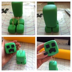 four pictures of green objects being made with fondant icing and some wire spools