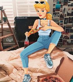 a woman sitting on top of a bed holding a slice of pizza in her hand