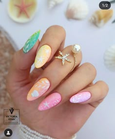 Beach Vibe Nails Almond, Beach Vacay Nails Almond, Vacation Nails Beach Puerto Rico, Beach Stilleto Nails, Almond Beach Nails Ideas, Summer Island Nails, Mexico Nails Designs Summer Vacations, Spring Break Beach Nails, Nail Art Turtle