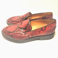 Red Snakeskin Penny Loafers. Black Piping Contrast Trim. Black Flatform Lug Sole. Add A Little Punk Rock Edge To Any Look. Excellent New Condition. No Signs Of Wear. See Photos For Reference. Approximate Measurements: 3½" Wide Across Bottom. ½" Platform. 1" Heel. Leather Upper. Manmade Balance. Made In China S4.15.765519 Franco Sarto, Lug Sole, Penny Loafers, Contrast Trim, Punk Rock, Snake Skin, Flat Shoes Women, Piping, Loafer Flats