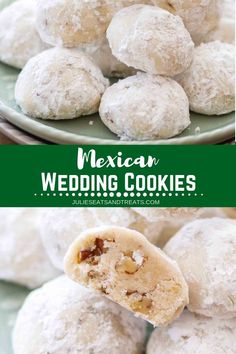 mexican wedding cookies on a green plate with the title text overlay reads mexican wedding cookies