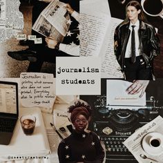 a collage of photos with people and writing on them, including an old typewriter