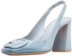 Chic Blue Block Heel Slingback Pumps, Chic Blue Slingback Pumps With Block Heel, Chic Light Blue Formal Heels, Chic Light Blue Heels For Formal Occasions, Blue Slingback Heels With Buckle Closure, Blue Square, Patent Leather Heels, Style And Grace, Slingback Pump