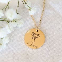 Hello!  This cute personalized birthflower name necklace would make a great birthday gift, honeymoon gift, engagement gift, bridesmaid gift, mothers day gift, wedding gift, or a gift for you! 🌻 Design We offer 3 Stainless Steel options with personalized laser engraved birthflowers and names! 🌻 Shipping Each necklace is engraved and packaged carefully. Every necklace includes tracking information and insurance. Processing time is 5-6 business days and you can select your desired shipping method Elegant Birth Flower Charm Necklaces For Personalized Gift, Elegant Charm Necklaces With Birth Flower For Personalized Gift, Elegant Flower Charm Necklace For Personalized Gift, Delicate Personalized Flower Necklace, Elegant Charm Necklace With Flower Charm For Personalized Gift, Minimalist Personalized Charm Necklace For Bridesmaid, Dainty Birth Flower Charm Necklace For Personalized Gift, Dainty Birth Flower Charm Necklaces As Personalized Gift, Dainty Birth Flower Charm Necklace Gift