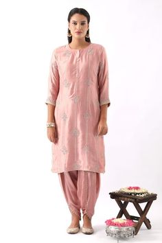 Buy Pink Chanderi Silk Embroidery Floral Flower Kurta Dhoti Pant Set For Women by Nemaani Online at Aza Fashions. Neck Flower, Dhoti Pants, Straight Kurta, Embroidery Floral, Silk Embroidery, Pant Set, Set For Women, Floral Flowers, Embroidered Flowers