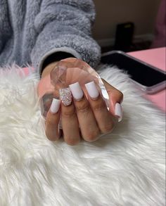 Acrylic Nail Designs Simple Short, Short Simple Nail Sets, White Short Duck Nails, Nails 7th Grade, 7th Grade Nail Ideas, Nail Designs With Rhinestones Short, Nails For 7th Grade Short, White Set Nails, Cute Short White Nails