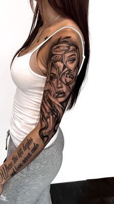 Tattoo On Women Arm, Tattoo For Woman On Arm, Half Tiger Half Woman Tattoo, Woman Arm Tattoos, Ladies Sleeve Tattoo Ideas, Tattoos On Both Arms, Girl Sleeve Tattoo, Woman Sleeve Tattoo Ideas, Girl Tattoo Sleeve