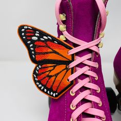 "Shoe wings fit on any lace up shoes, Boots, or even Skates. They will fit on both kids and adult sizes. You will receive 1 pair: One for the left shoe, one for the right shoe. This listing is for orange wings with paprika embroidery. Please message me if you want something customized just for you. skates are not included. This listing is for skate wings only PLEASE BE ADVISED THAT DUE TO THE HIGH DEMAND OF ALL THE SKATE WINGS IN MY SHOP, THERE MAY BE A LONG WAIT TO RECEIVE THEM IN THE MAIL. I A Shoe Wings, Costume Wings, Butterfly Shoes, Roller Skaters, Rainbow Shoes, Roller Girl, Wing Shoes, Wings Costume, Pink Sparkly