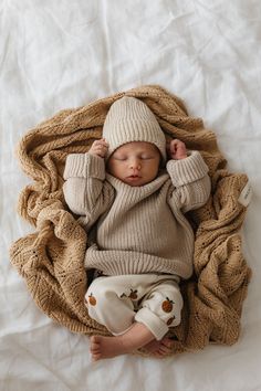 a newborn baby wrapped in a blanket and wearing a knitted hat with his hands on his head