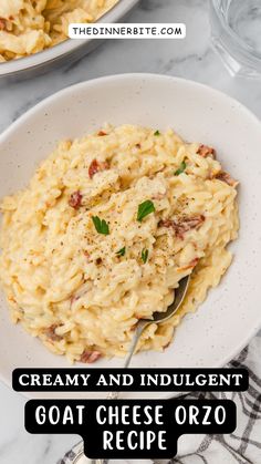 creamy and indulgent goat cheese orzo recipe on a white plate with a spoon