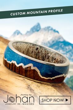 Nature Wedding Ring with Deer Antler, Wood, and Custom Mountain Range Profile Mountain Wedding Band, Mountain Wedding Ring, Forest Wedding Decorations, Antler Rings, Dinosaur Bone Ring, Antler Wedding Band, Deer Antler Ring, Wood Engagement Ring, Trending Wedding