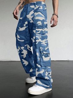 Men's Camouflage Flip Flap Pocket Cargo Baggy Pants Blue Street   Woven Fabric Camo Cargo Pants Non-Stretch  Men Clothing, size features are:Bust: ,Length: ,Sleeve Length: Rave Fits For Guys, Mens Rave Outfits, Pants Embellished, Tactical Cargo Pants, Camouflage Cargo Pants, Army Style, Fashion Boy, Camo Cargo Pants, Casual Bottoms