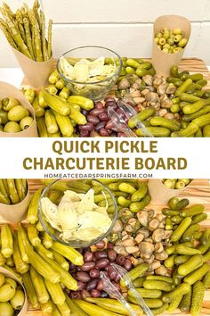 pickles, cucumbers, and other vegetables are arranged on a table with the words quick pickle charcuterie board