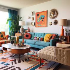 a living room filled with lots of furniture and colorful pillows on top of it's couches