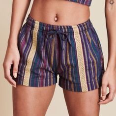 Condition: New With Tags 100% Cotton Shorts With Purple, Teal, And Yellow Stripes. Bohemian Striped Bottoms For Vacation, Striped Cotton Beachwear Bottoms, Vacation Striped Cotton Shorts, Striped Cotton Beach Shorts, Striped Cotton Shorts For Vacation, Striped Cotton Shorts For Beach Season, Hippie Shorts, Fantasy High, Suede Shorts